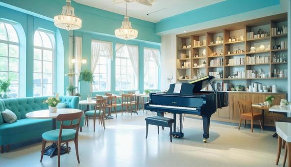 ピアノが置かれたカフェ店内の写真