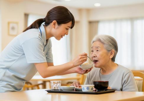 女性介護士が高齢女性に食事介助する場面 女性介護士が高齢女性に食事介助する場面の写真