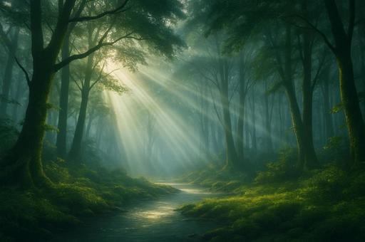 神秘的な木漏れ日が差し込む幻想的な森 神秘的な木漏れ日が差し込む幻想的な森の写真