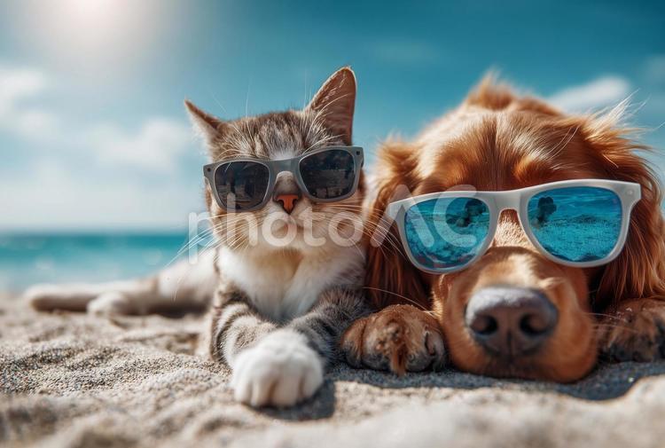 サングラスをかけた犬と猫 犬,猫,サングラスの写真素材