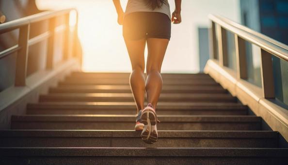 階段を駆け上がる日本人の女性ランナー 階段を駆け上がる日本人の女性ランナーの写真