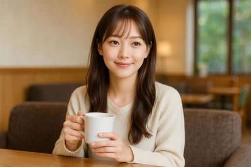 カフェソファで微笑む女性 カフェソファで微笑む女性の写真