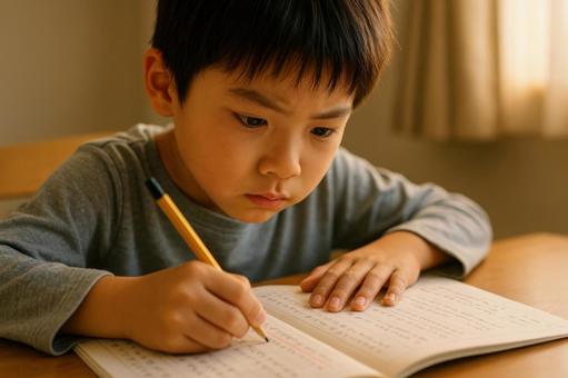 教材に書き込みをする真剣な表情 教材に書き込みをする真剣な表情の写真