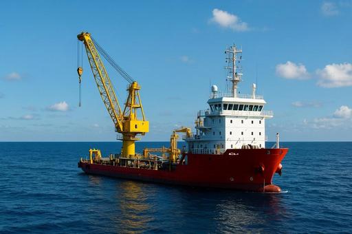 海に浮かぶ作業船とクレーン船・港湾作業 海に浮かぶ作業船とクレーン船・港湾作業の写真