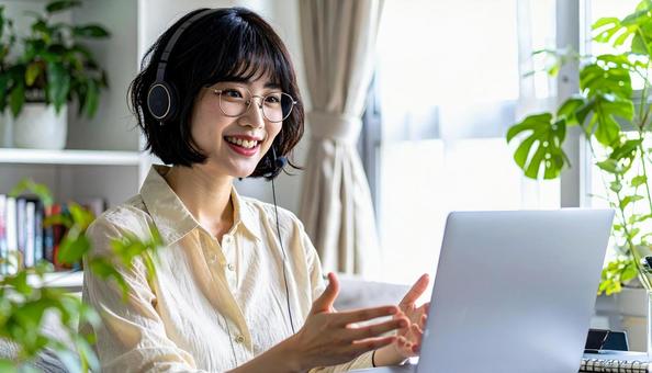 笑顔でリモートワークをするビジネス女性 笑顔でリモートワークをするビジネス女性の写真