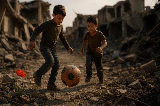 瓦礫と遊ぶ子供とサッカーボール 瓦礫と遊ぶ子供とサッカーボールの写真