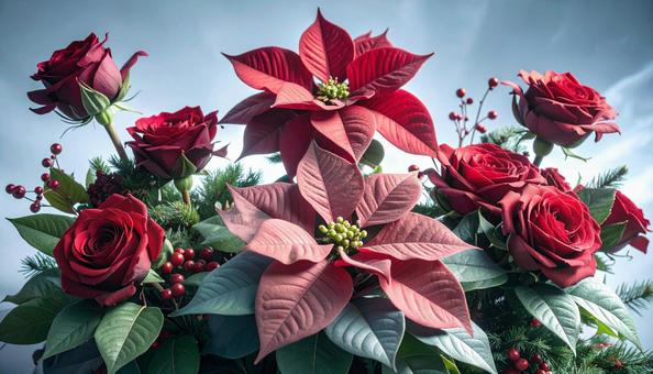 12月誕生花 ポインセチア、赤いバラ 12月誕生花 ポインセチア、赤いバラの写真