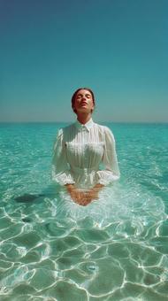 夏の休暇:穏やかな海と女性のシルエット 夏の休暇:穏やかな海と女性のシルエットの写真