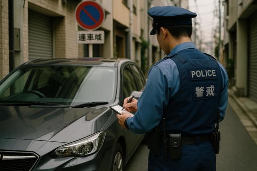 駐車違反を取り締まる警察官 駐車違反を取り締まる警察官の写真