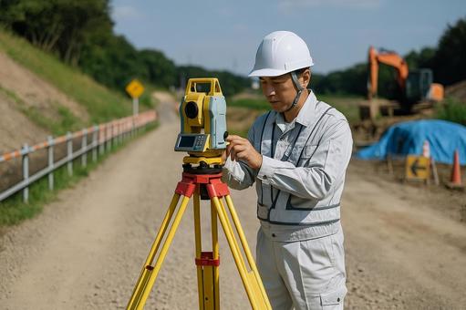 舗装前の砂利道で測量作業 舗装前の砂利道で測量作業の写真