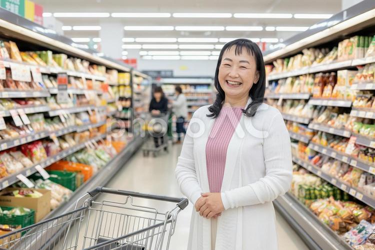 笑顔で買い物する女性 笑顔で買い物する女性 スーパー,スーパーマーケット,食品売り場の写真素材