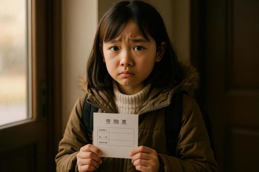 試験本番の朝に不安な表情を見せる子ども 試験本番の朝に不安な表情を見せる子どもの写真