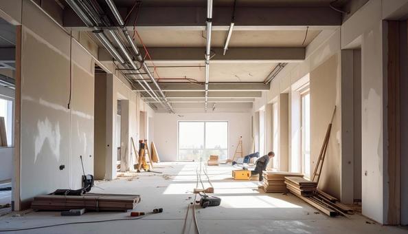 内装工事　下地むき出しの廊下の写真