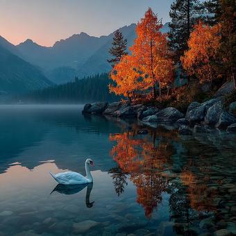 湖畔の紅葉と澄んだ水 湖畔の紅葉と澄んだ水の写真