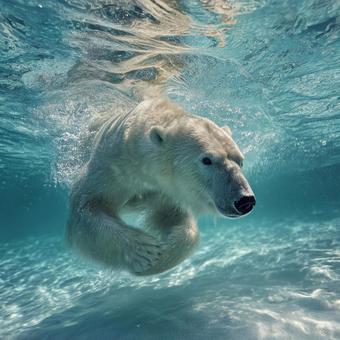 青く澄んだ水の中を悠々と進むシロクマ 青く澄んだ水の中を悠々と進むシロクマの写真