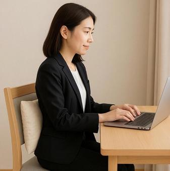 腰痛予防でクッションを入れて事務する女性の写真