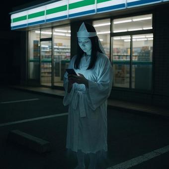 コンビニ前に佇むスマホ依存の幽霊の写真