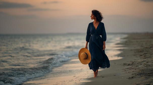 麦わら帽子を手に、穏やかな海辺を歩く女性 麦わら帽子を手に、穏やかな海辺を歩く女性の写真