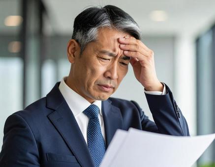 資料を見て困惑する中年ビジネスマンの写真