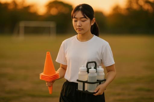 練習後に片付けをする女子選手 練習後に片付けをする女子選手の写真