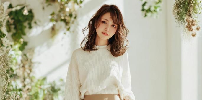 グリーン背景の女性、広告モデルイメージ グリーン背景の女性、広告モデルイメージの写真