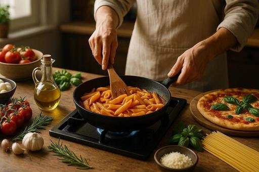 パスタとピザの調理風景 パスタとピザの調理風景の写真