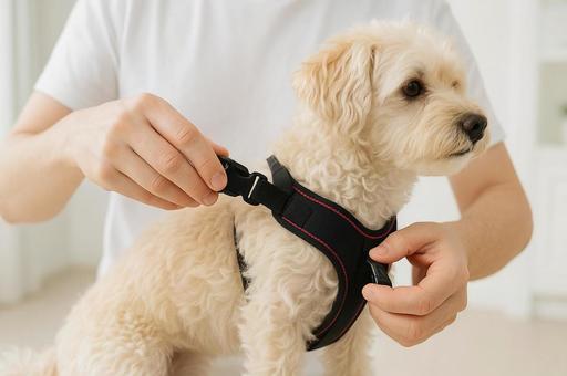 犬のハーネスの装着 犬のハーネスの装着の写真