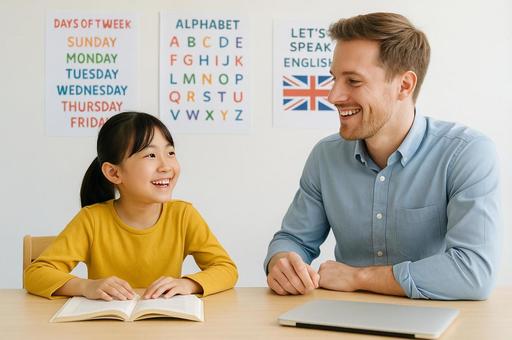英会話塾で外国人講師と会話する小学生 英会話塾で外国人講師と会話する小学生の写真