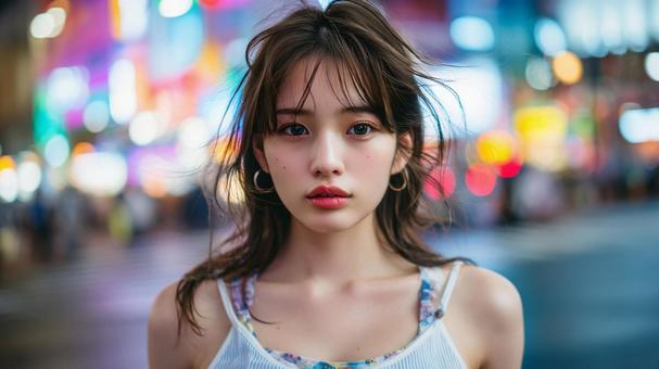 夏の夜に都会を歩く女性の写真