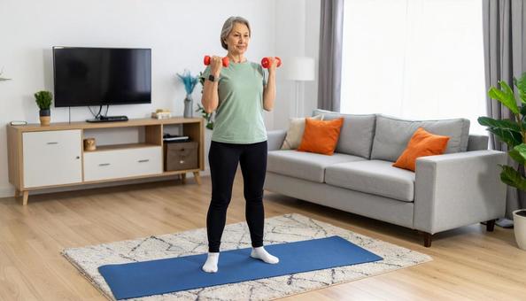 リビングで配信動画を見て運動する中年女性の写真