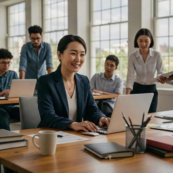 オフィスで働く笑顔のビジネスウーマンの写真