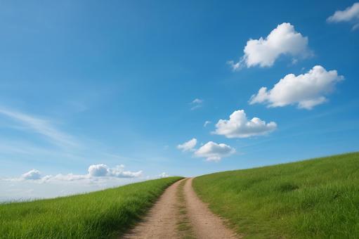 丘の上に続く小道と青空の写真