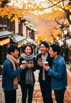 秋の旅先で楽しむ若者たちの写真