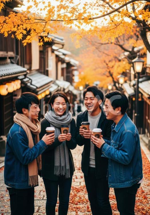 秋の旅先で楽しむ若者たち 友人,若者,男女の写真素材
