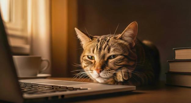 デスクで疲れて休む猫とパソコン デスクで疲れて休む猫とパソコンの写真