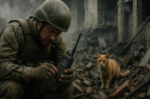 無線機を握る兵士と猫 無線機を握る兵士と猫の写真