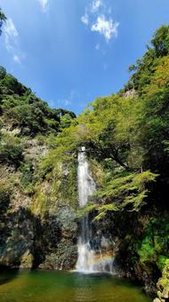 青空と緑に囲まれた美しい滝の風景 虹 青空と緑に囲まれた美しい滝の風景 虹 滝,滝壺,青空の写真素材