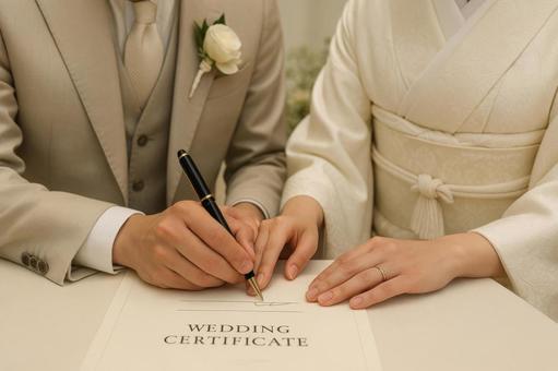結婚証明書にサインする新郎新婦の手 結婚証明書にサインする新郎新婦の手の写真