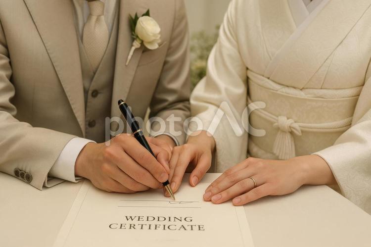 結婚証明書にサインする新郎新婦の手 結婚証明書,サイン,手元の写真素材
