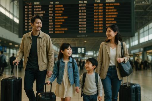 空港で家族と旅立つシーンの写真
