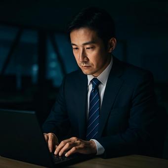 夜オフィスで残業する中堅社員ビジネスマンの写真