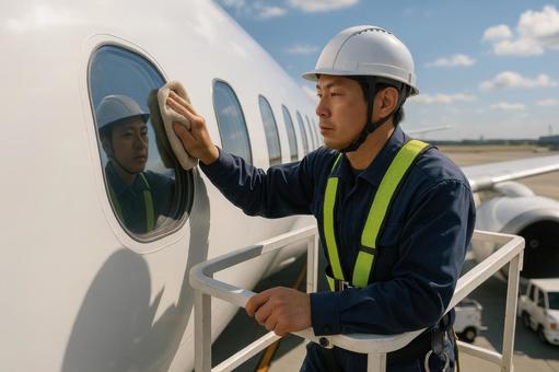 飛行機の窓を清掃するスタッフ 飛行機の窓を清掃するスタッフの写真