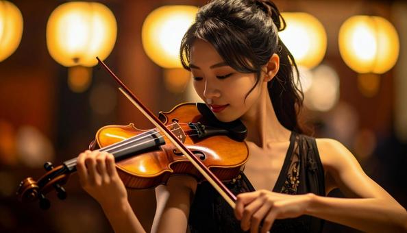 ヴァイオリンを弾く女性ヴァイオリニストの写真