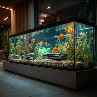 美しく飾られた金魚入りの家庭用水槽 美しく飾られた金魚入りの家庭用水槽の写真
