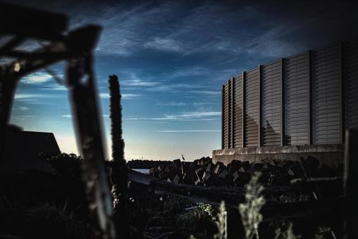 <Material> Scene of a grey heron resting at a fishing port at dusk, JPG
