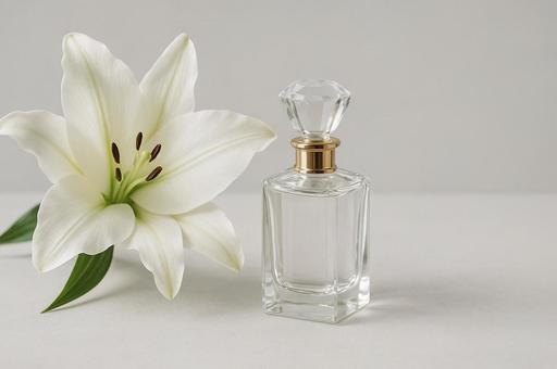  白百合と香水瓶の写真