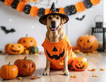 ハロウィンのコスチュームで仮装した犬 ハロウィンのコスチュームで仮装した犬の写真