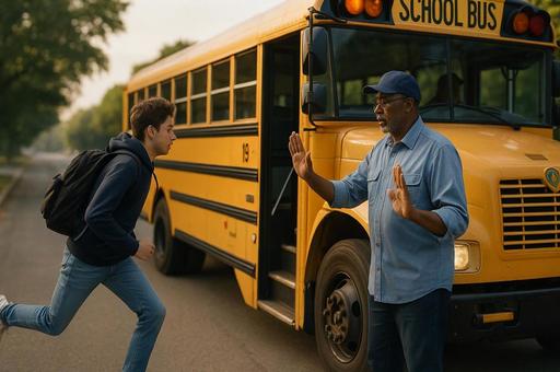 スクールバス前の制止人物の写真