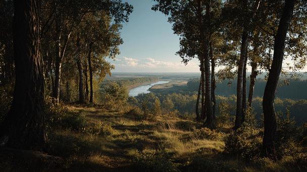 木々に囲まれた川が流れる雄大な草原の写真