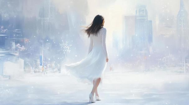 真冬の雪空を歩く白いドレスの女性 真冬の雪空を歩く白いドレスの女性の写真